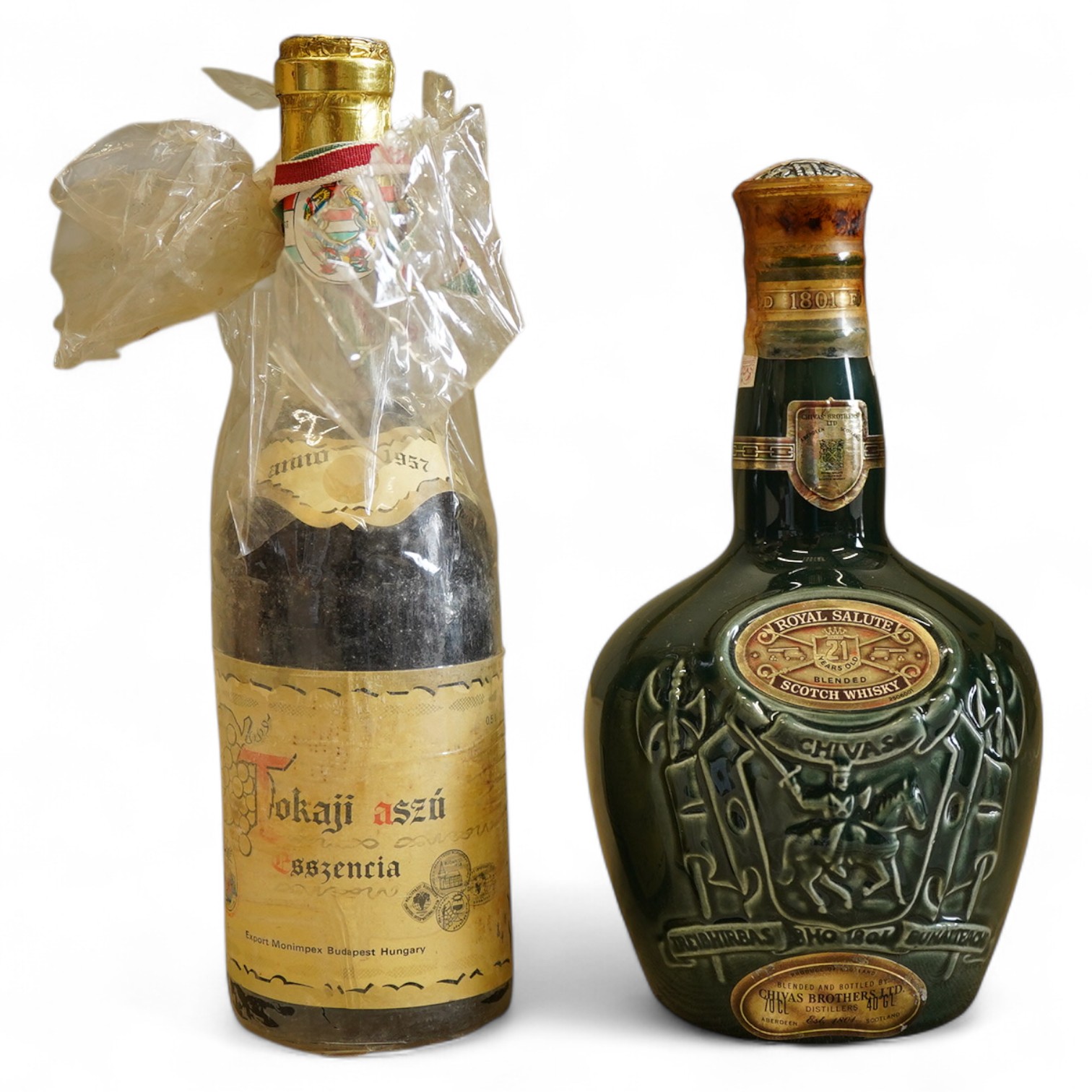 One bottle of 1957 Tokaji Aszu and one ceramic bottle of Chivas Royal Salute Scotch Whisky (2)